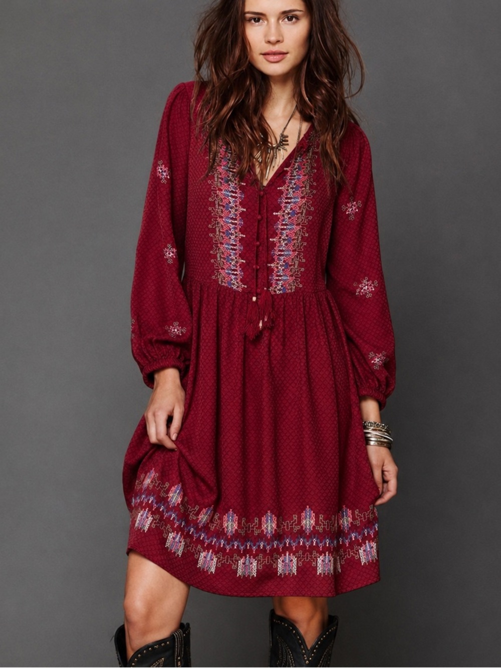 Knox Rose Burgundy Boho Embroidered Dress, Size XS